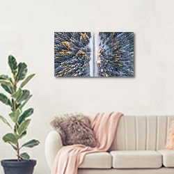 «Дорога сквозь еловый зимний лес» в интерьере современной светлой гостиной над диваном