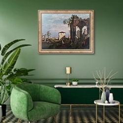 «Пейзаж с руинами 2» в интерьере гостиной в зеленых тонах