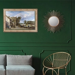 «Крестьяне, играющие в шары рядом с гостиницей» в интерьере классической гостиной с зеленой стеной над диваном
