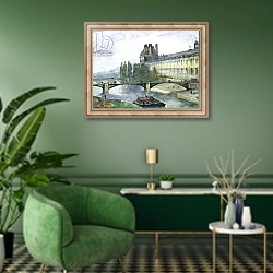 «View of the Pavillon de Flore of the Louvre, 1844» в интерьере гостиной в зеленых тонах