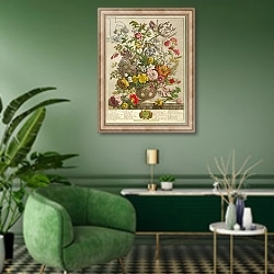 «May, from 'Twelve Months of Flowers' by Robert Furber engraved by Henry Fletcher» в интерьере гостиной в зеленых тонах