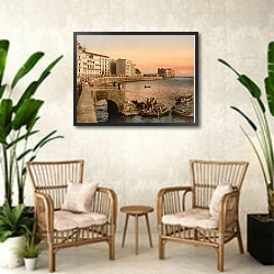 «Италия. Неаполь, набережная» в интерьере комнаты в стиле ретро с плетеными креслами