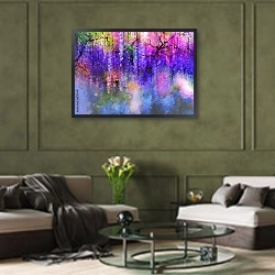 «Весенние фиолетовые цветы Вистерия в цвету» в интерьере зеленой гостиной над диваном