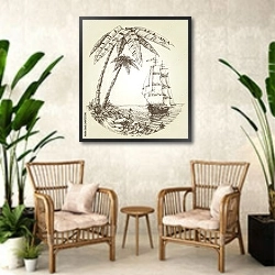 «Парусник на морском тропическом побережье» в интерьере комнаты в стиле ретро с плетеными креслами