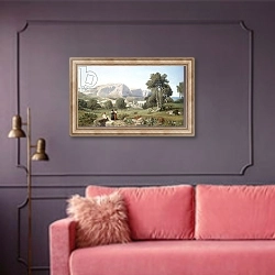 «Taking in the View on the Island of Capri in the  Gulf of Naples, 1853» в интерьере гостиной с розовым диваном