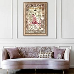 «An antique silk Kashan 'mochtasham' pictorial rug, depicting the mounted figure of Naser al-Din Shah,» в интерьере гостиной в классическом стиле над диваном