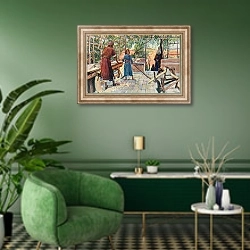 «Jesus Labouring at Home with Joseph and Mary» в интерьере гостиной в зеленых тонах