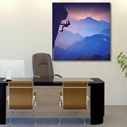 «Альпинист на скале в туманных горах» в интерьере офиса над столом начальника
