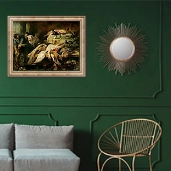 «The Recognition of Philopoemen, c.1609» в интерьере классической гостиной с зеленой стеной над диваном