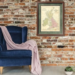 «Карта Германии, Швейцарии и Северной Италии» в интерьере в стиле лофт с кирпичной стеной и синим креслом