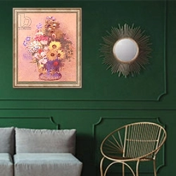 «Vase of Flowers 10» в интерьере классической гостиной с зеленой стеной над диваном