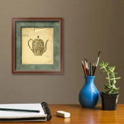 «Design for an ovoid silver-gilt cloisonne enamel coffee pot, House of Carl Faberge» в интерьере кабинета с бежевыми стенами над столом