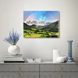 «Радуга над зелёной долиной в Доломитовых Альпах» в интерьере современной гостиной с голубыми деталями