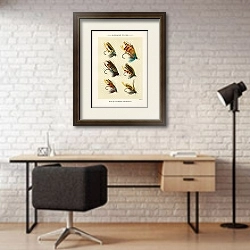 «Лососевые наживки из любимых мух и их истории Мэри Орвис Марбери.» в интерьере современного кабинета с кирпичными стенами