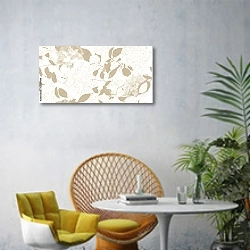 «Золотые пионы и листья на белом фоне» в интерьере современной гостиной с желтым креслом