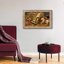 «St. George and the Dragon, c.1439-40» в интерьере гостиной в бордовых тонах
