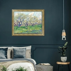 «Фруктовый сад в цвету (сливы) 2» в интерьере классической спальни с темными стенами