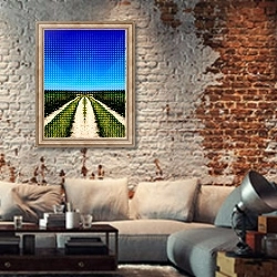 «The road to somewhere, 2018,» в интерьере гостиной в стиле лофт с кирпичной стеной
