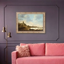 «A town on the banks of a river, with a ferry, 1648» в интерьере гостиной с розовым диваном
