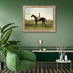 «A Racehorse with Jockey Up on the Racetrack at Newmarket» в интерьере гостиной в зеленых тонах