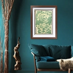 «Chinese prints pl.131» в интерьере зеленой гостиной в этническом стиле над диваном