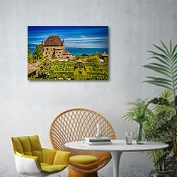 «Франция, Женевское озеро. Замок в Ивуаре» в интерьере современной гостиной с желтым креслом