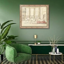 «Three Greyhounds in a room» в интерьере гостиной в зеленых тонах