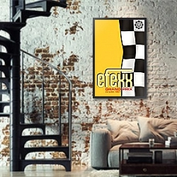 «Автогонки 141» в интерьере двухярусной гостиной в стиле лофт с кирпичной стеной