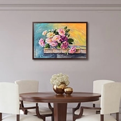 «Букет розовых цветов на подоконнике» в интерьере столовой в классическом стиле