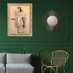 «Молодая женщина из Бурсы» в интерьере классической гостиной с зеленой стеной над диваном