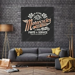 «Мотоциклетный плакат» в интерьере в стиле лофт над диваном