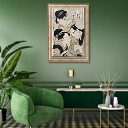 «A triple portrait of Ohan of the Shinanoya, Choemon and his wife Okinu, from the series 'Models of Love-Talk: Clouds Form Over the Moon', c.1798-1800» в интерьере гостиной в зеленых тонах