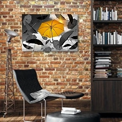 «Желтый зонтик среди серых» в интерьере кабинета в стиле лофт с кирпичными стенами
