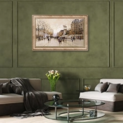«A Paris Street Scene, 1» в интерьере гостиной в оливковых тонах