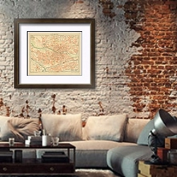 «Карта Нюрнберга, конец 19 в. 3» в интерьере гостиной в стиле лофт с кирпичной стеной