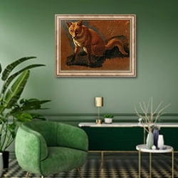 «Study of a Fox» в интерьере гостиной в зеленых тонах