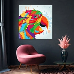 «Цветной попугай, портрет» в интерьере яркой гостиной в стиле поп-арт с розовыми деталями