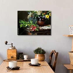 «Натюрморт в деревенском стиле с редькой и букетом» в интерьере кухни над обеденным столом с кофемолкой