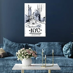 «Нью-Йорк, Манхэттен» в интерьере современной гостиной в синем цвете