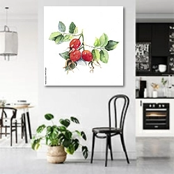 «Ветка шиповника с тремя красными ягодами и зелеными листьями» в интерьере современной светлой кухни