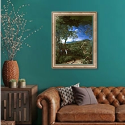 «Пейзаж с Илией и Ангелом» в интерьере гостиной с зеленой стеной над диваном