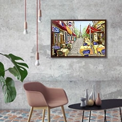 «Уличное кафе в Париже, скетч 2» в интерьере в стиле лофт с бетонной стеной