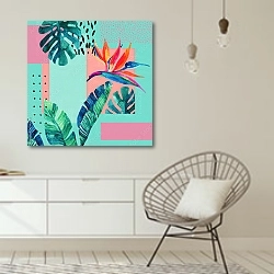 «Абстрактный тропический летний дизайн в минималистичном стиле» в интерьере белой комнаты в скандинавском стиле над комодом