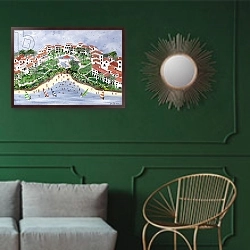 «Timeshare Temptation, 1990» в интерьере классической гостиной с зеленой стеной над диваном