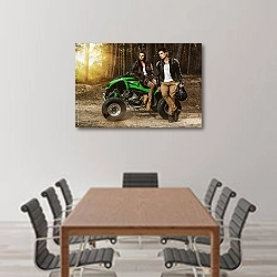 «Молодая пара на квадроцикле в сосновом бору» в интерьере конференц-зала над столом для переговоров