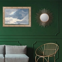 «Закат в римской Кампанье» в интерьере классической гостиной с зеленой стеной над диваном