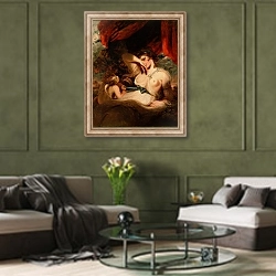 «Амур развязывает пояс Венеры» в интерьере гостиной в оливковых тонах