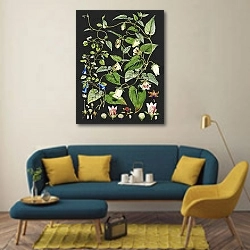 «Винтажная иллюстрация гималайских растений» в интерьере гостиной в стиле поп-арт с желтыми деталями