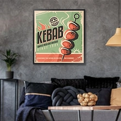 «Ретро плакат с шашлыком» в интерьере гостиной в стиле лофт в серых тонах