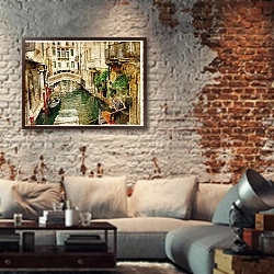 «Италия. Улицы Италии #27, Венеция. Винтаж» в интерьере гостиной в стиле лофт с кирпичной стеной